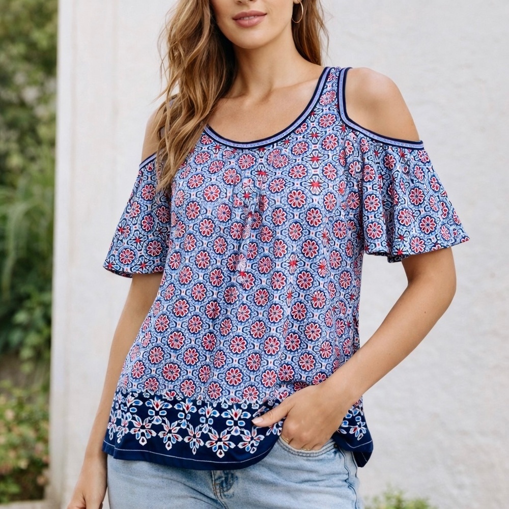 Max Studio Cold Shoulder Medallion Print Top‎ – Size XS